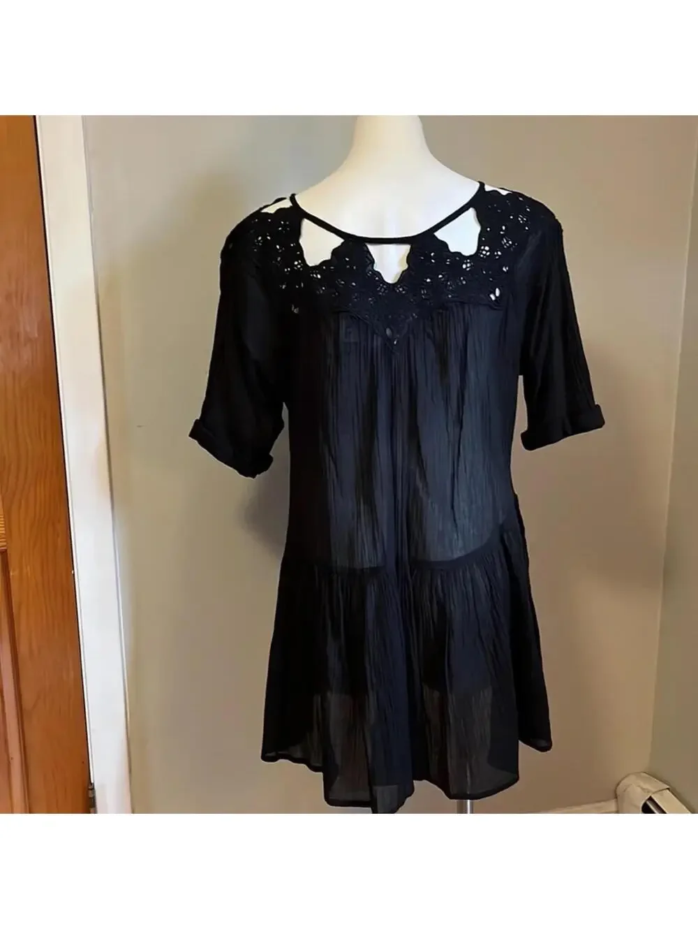 Free People 100% Cotton Embroidered Mini Dress XS Black Boho Peasant Tunic
